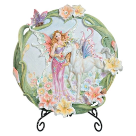 Fairy and Unicorn Decorative Plate with Metal Stand Ok Lighting - Click Image to Close