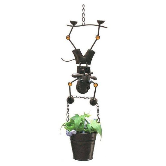 Hanging Planter with Cow Boy Figurine - Click Image to Close