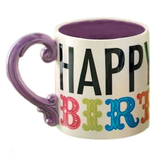 Celebrate Birthday Coffee Mug with Purple Handle - Click Image to Close