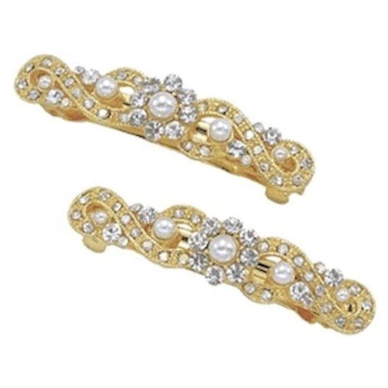 Gold Hair Clip Set with Crystals and Pearl Beads - Click Image to Close