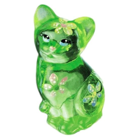 Cat Figurine in Key Lime Green with Floral Design Fenton Glass - Click Image to Close