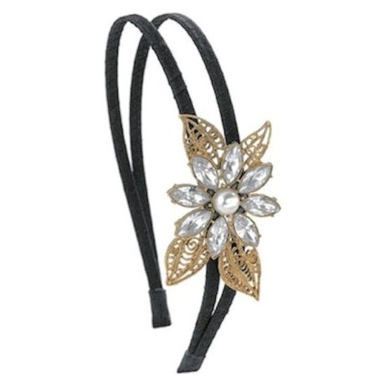 Black Double-banded Head Band with Crystal Flower - Click Image to Close